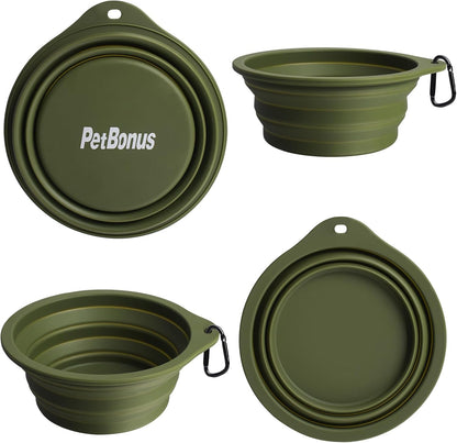 2-Pack Silicone Collapsible Dog Bowls, BPA Free Dishwasher Safe, Portable Foldable Expandable Travel Bowl, Food Water Feeding Cup Dish for Dogs Cats with 2 Carabiners (Army Green, Blue)